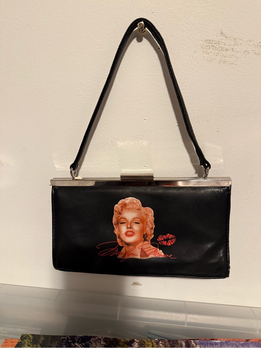 Chateau Black Mini Shoulder Bag with Retro Portrait & Red Accents